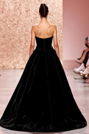 Simple Velvet Black Strapless A Line Long Evening Dress